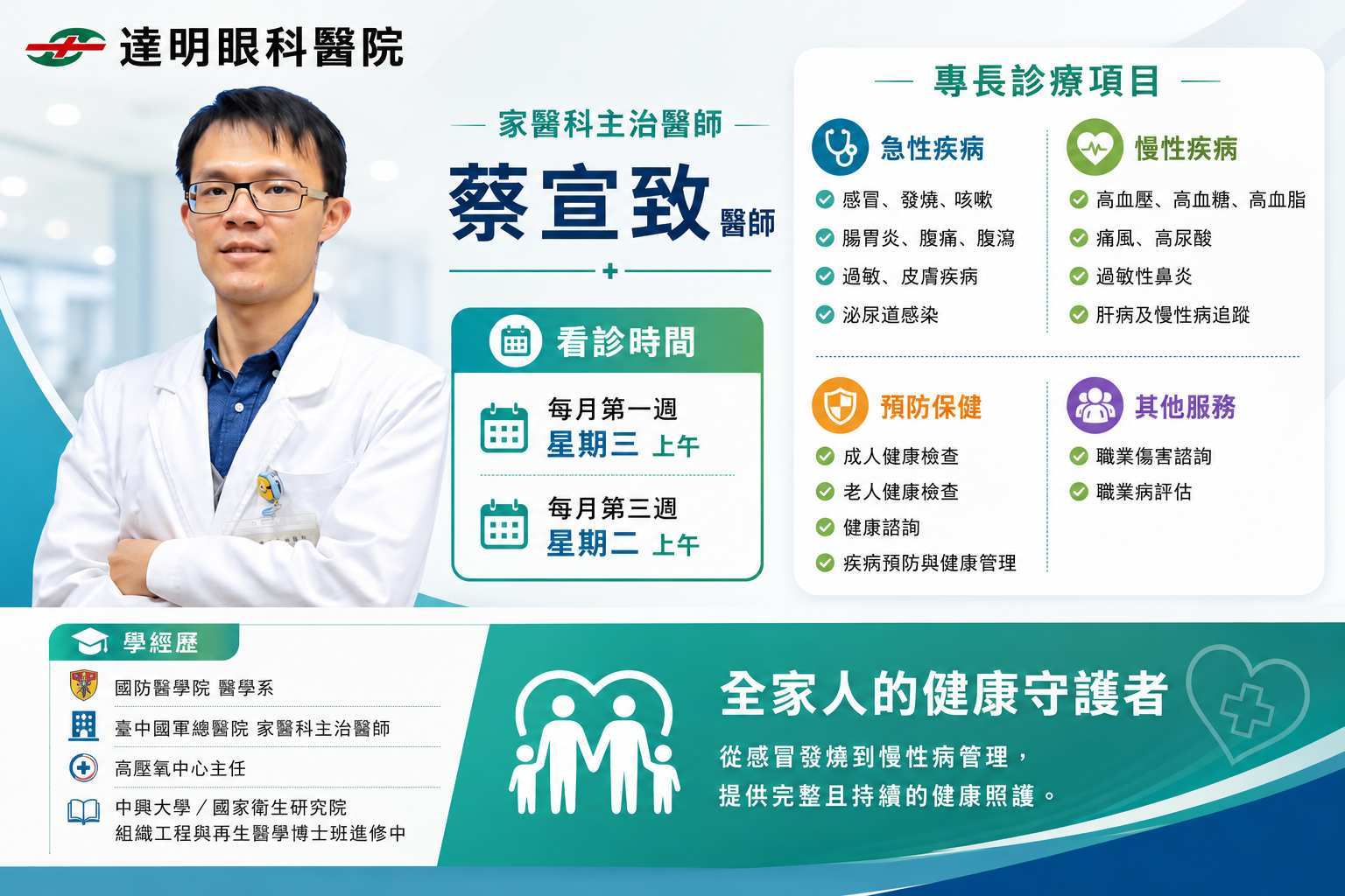 （公告）特聘 台中國軍總醫院家庭醫學科主治醫師 蔡宣致 開診